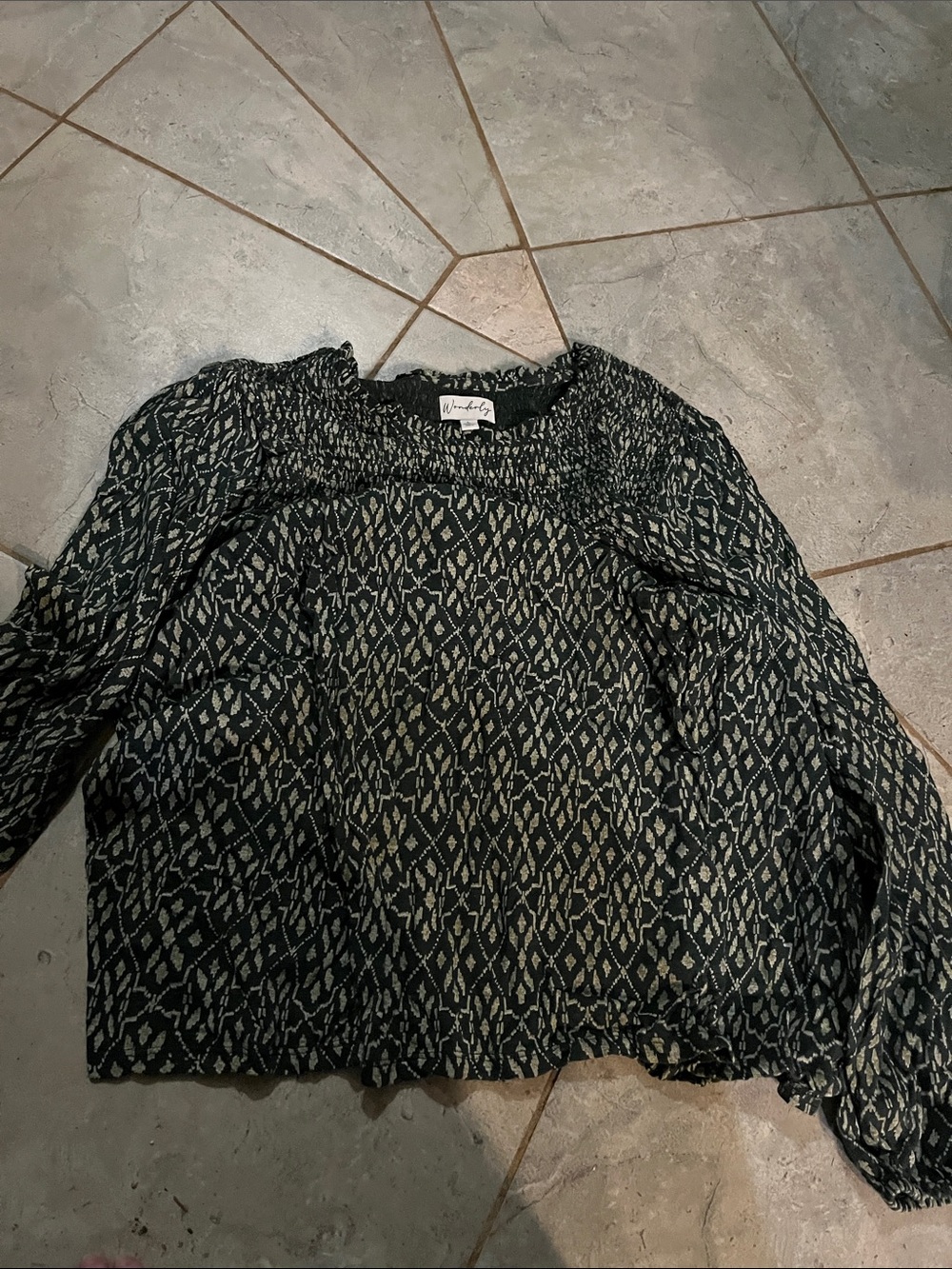 Wonderly Black & Cream Patterned Smocked Yoke Blouse